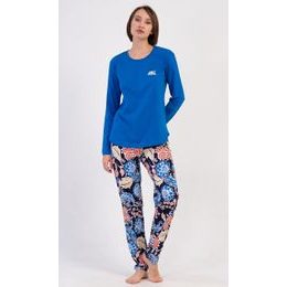 Dámské pyžamo dlouhé Květy - modrá