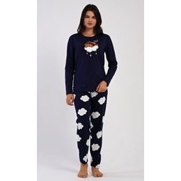 Dámské pyžamo dlouhé Méďa na obláčku - tmavě modrá