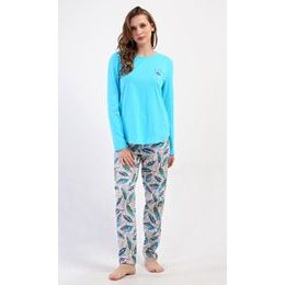 Dámské pyžamo dlouhé Listy - tyrkysová