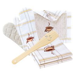 Dárkový kuchyňský set Káva - zástěra, chňapka,útěrky a dřevěná vařečka