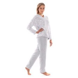 Dámské dlouhé teplé pyžamo FLORA šedý tisk na bílé