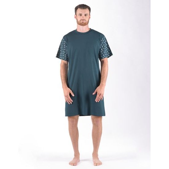 Pánské košile noční pánská krátký rukáv, šité, s potiskem Pyžama 2024 79176P - petrolejová šedobílá