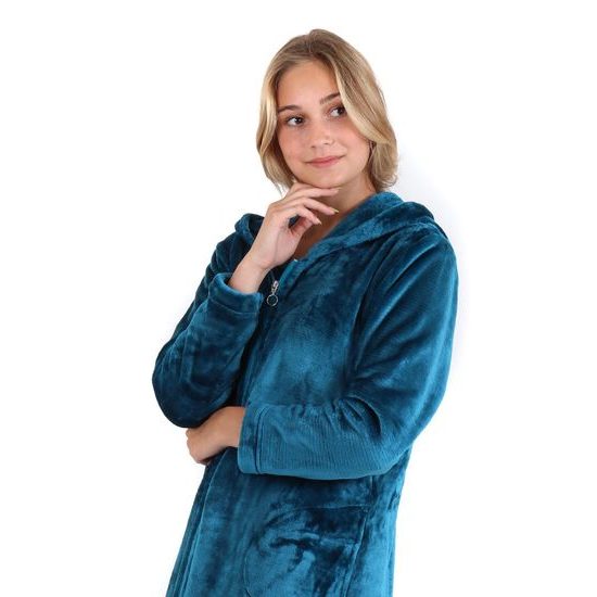 Dámský dlouhý hřejivý župan s kapucí a se zipem SIENA petrolejová