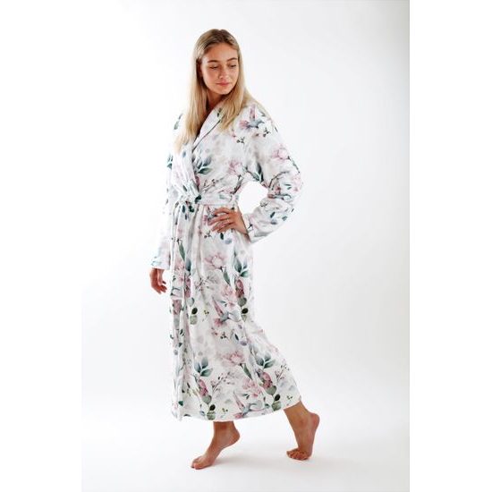 Dámský dlouhý župan s šálovým límcem Calypte Květiny a kolibříci