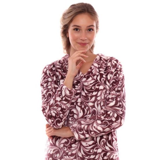 Dámské dlouhé teplé pyžamo FLORA vínový tisk na bílé