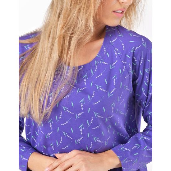 Dámská košilka noční dlouhý rukáv, šité, s potiskem 19175 - levandulová šedobílá