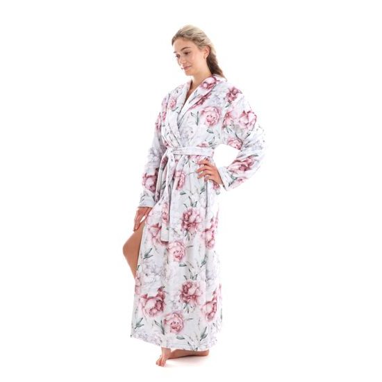 Dámský dlouhý župan s šálovým límcem Annie Světlé pivoňky