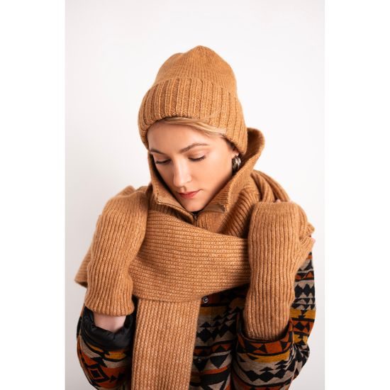 Čepice, rukavice, šála a bolero s rolákem - světlehnědý