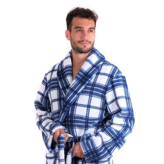 Pánský dlouhý hřejivý župan se šálovým límcem RYAN modrá/bílá