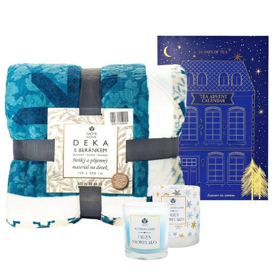 Dárkový set Adventní hřejivá pohoda - deka, advetní kalenář s čaji a svíčka