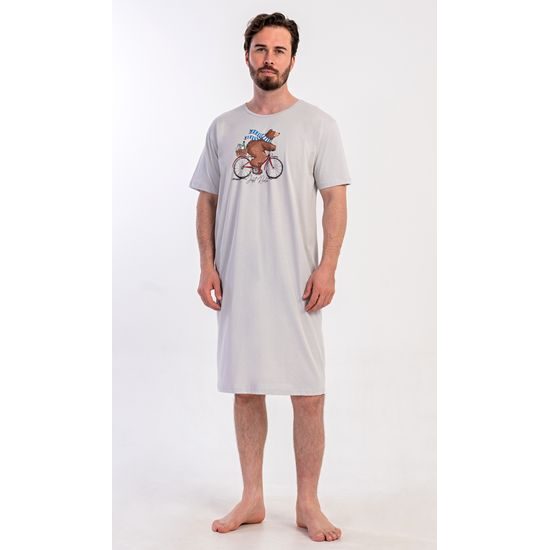 Pánská noční košile s krátkým rukávem Méďa na kole - šedá