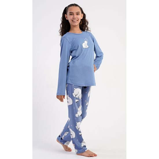 Dětské pyžamo dlouhé Méďa a tučňák - modrošedá
