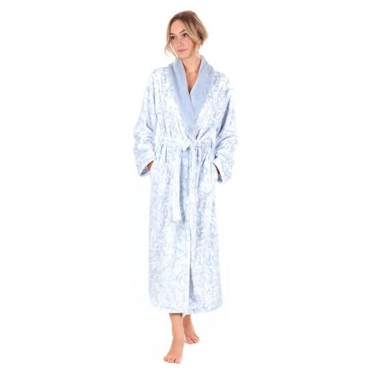 Dámský dlouhý župan se šálovým límcem FLORA světle modrá/bílá