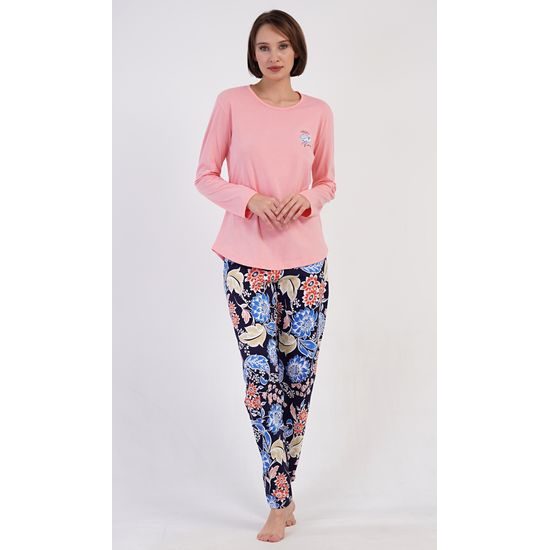 Dámské pyžamo dlouhé Květy - modrá