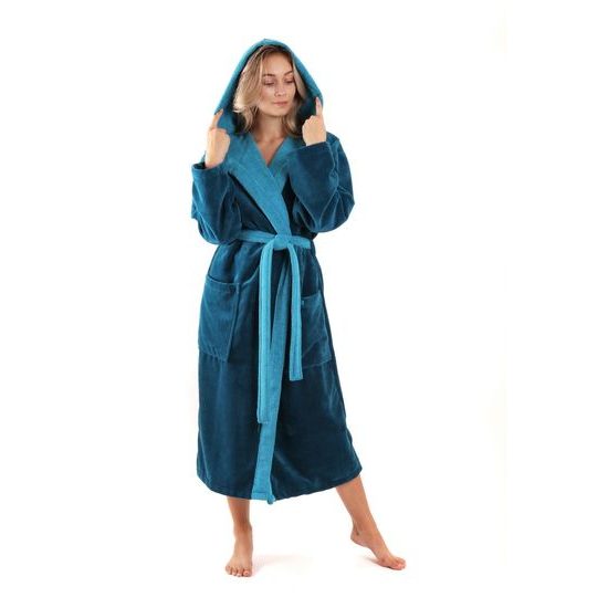 Dámský dlouhý savý župan s kapucí TAMPA duo petrolejová