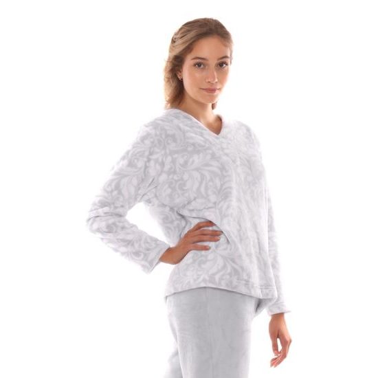 Dámské dlouhé teplé pyžamo FLORA šedý tisk na bílé