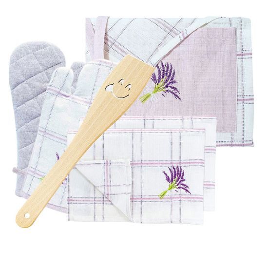 Dárkový kuchyňský set Levandule- zástěra, chňapka,útěrky a dřevěná vařečka