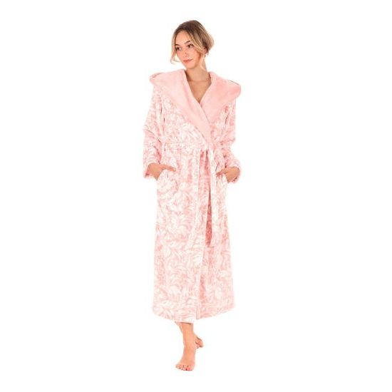 Dámský dlouhý župan s kapucí FLORA světle růžová/bílá