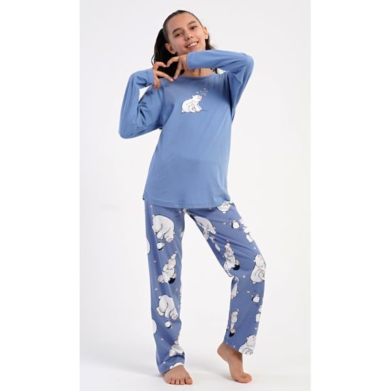 Dětské pyžamo dlouhé Méďa a tučňák - modrošedá