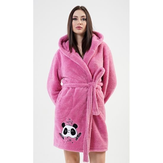 Dámský župan krátký s kapucí Panda - tmavě růžová