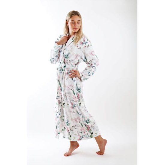 Dámský dlouhý župan s šálovým límcem Calypte Květiny a kolibříci