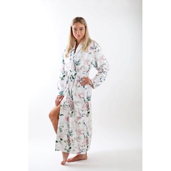 Dámský dlouhý župan s šálovým límcem Calypte Květiny a kolibříci