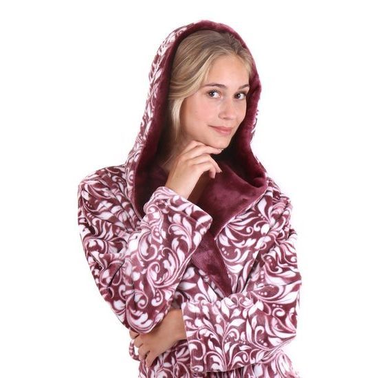 Dámský dlouhý župan s kapucí FLORA vínová/bílá