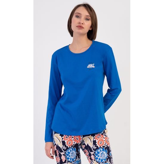 Dámské pyžamo dlouhé Květy - modrá