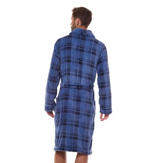 Pánský hřejivý župan Hero modrý káro s výšivkou