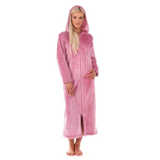Dámský dlouhý hřejivý župan s kapucí a se zipem SIENA růžová