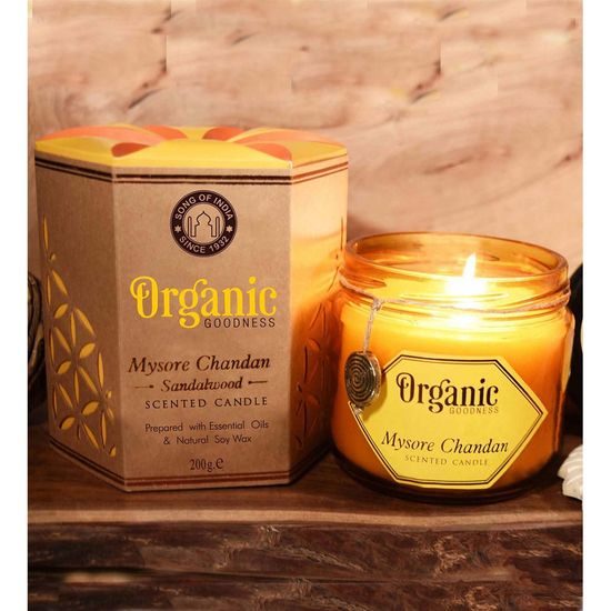Organická svíčka 200g v jantarovém skle, Mysore Chandan - Sandalwood