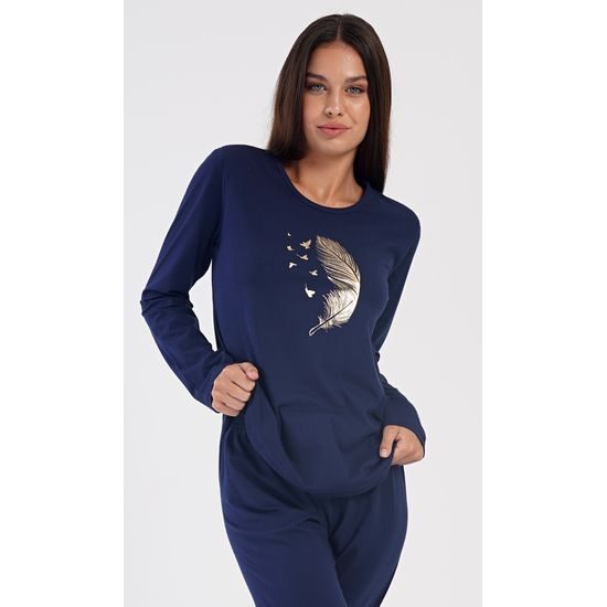 Dámské pyžamo dlouhé Peří - tmavě modrá