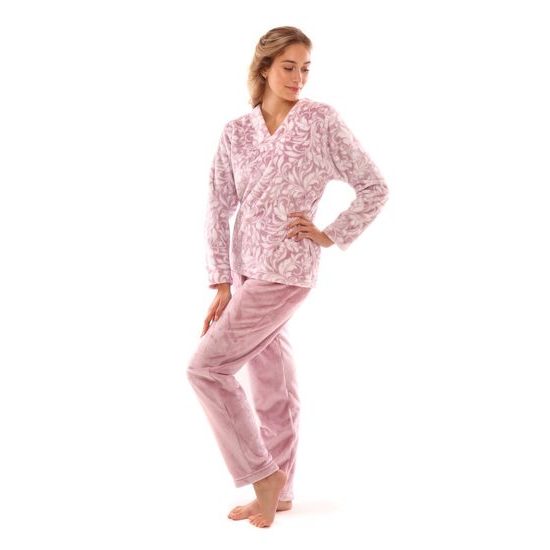 Dámské dlouhé teplé pyžamo FLORA růžový tisk na bílé