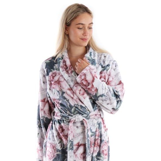 Dámský dlouhý župan s šálovým límcem Aisha Tmavé pivoňky