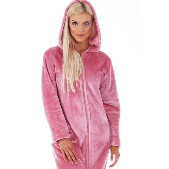 Dámský dlouhý hřejivý župan s kapucí a se zipem SIENA růžová
