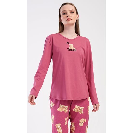 Dámské pyžamo dlouhé Pink bear - tmavě růžová