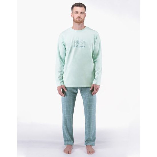 Pánské pyžamo dlouhé pánské, šité, s potiskem Pyžama 2024 79177P - sv. šedá měsíc