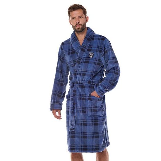 Pánský hřejivý župan Hero modrý káro s výšivkou