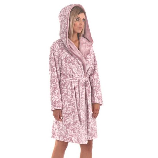 Dámský 3/4 župan s kapucí FLORA starorůžová/bílá