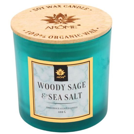 ARÔME Svíčka 400 g s dřevěným knotem a víčkem, Woody Sage and Salt