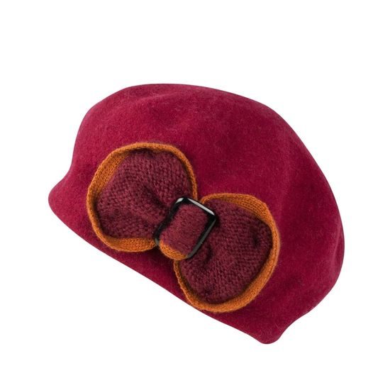 Vlněný baret s krásnou mašlí tmavě růžový