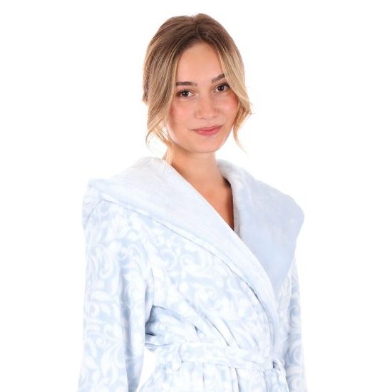 Dámský dlouhý župan s kapucí FLORA světle modrá/bílá