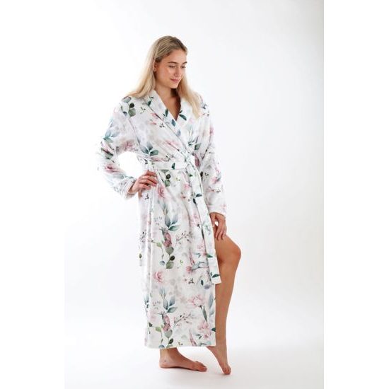 Dámský dlouhý župan s šálovým límcem Calypte Květiny a kolibříci