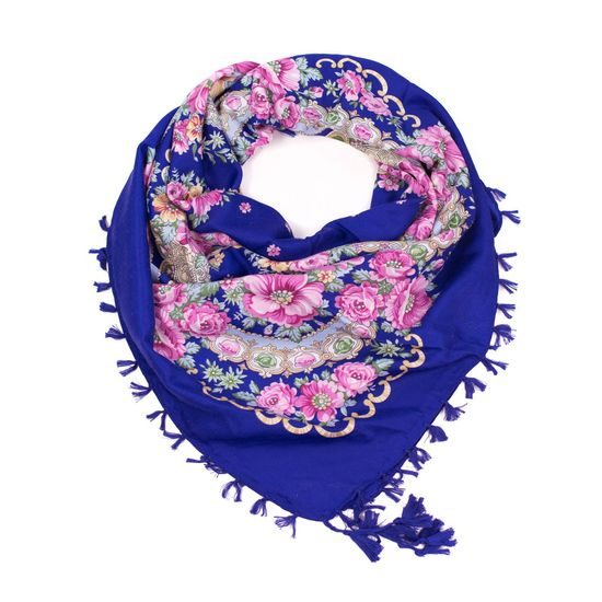 Folkový šátek s květy modro-fialový