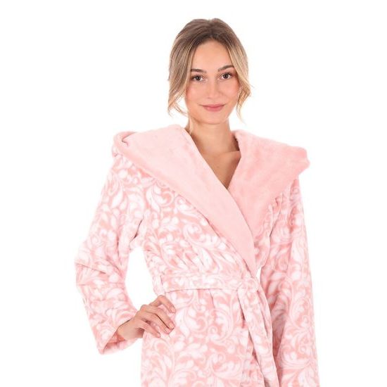 Dámský dlouhý župan s kapucí FLORA světle růžová/bílá