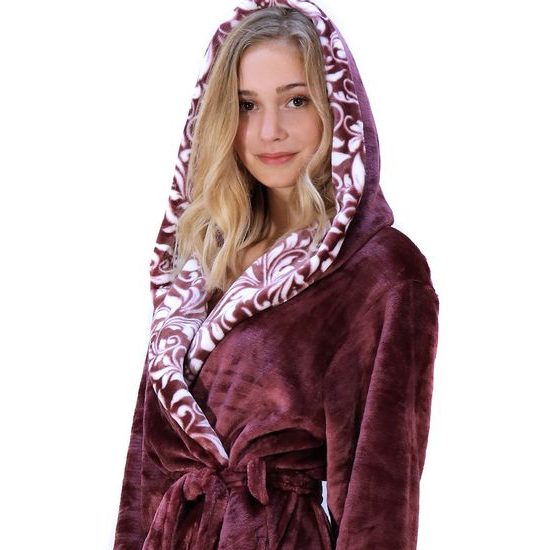 Dámský dlouhý župan s kapucí FLORA vínová