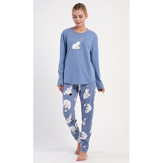 Dámské pyžamo dlouhé Méďa a tučňák - modrošedá