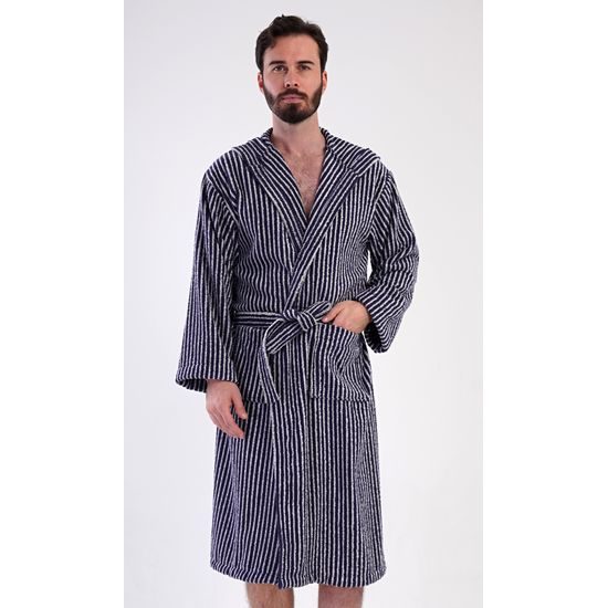 Pánský župan s kapucí Proužek - tmavě modrá