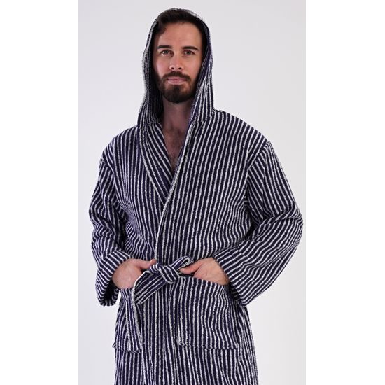 Pánský župan s kapucí Proužek - tmavě modrá