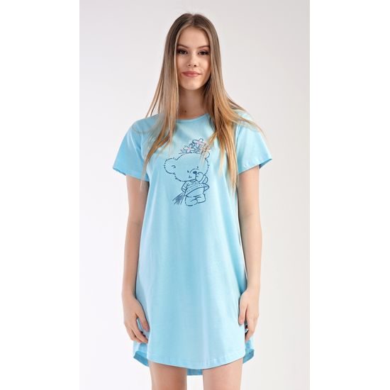 Dámská noční košile s krátkým rukávem Méďa s kytkou - mentolová